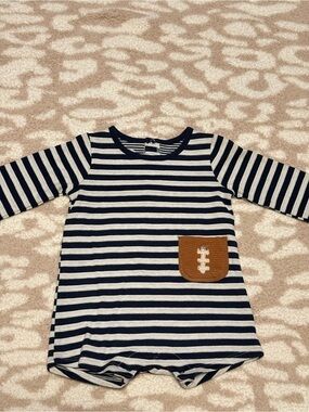Mud Pie 9-12m Striped Navy & Cream Baby Romper with Brown Pocket